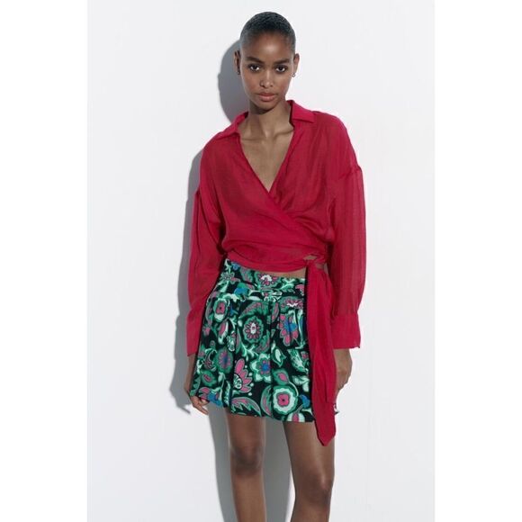 NWT Zara Multicolored Floral Print Linen Blend High Waisted A-Line Mini Skirt - Picture 3 of 15